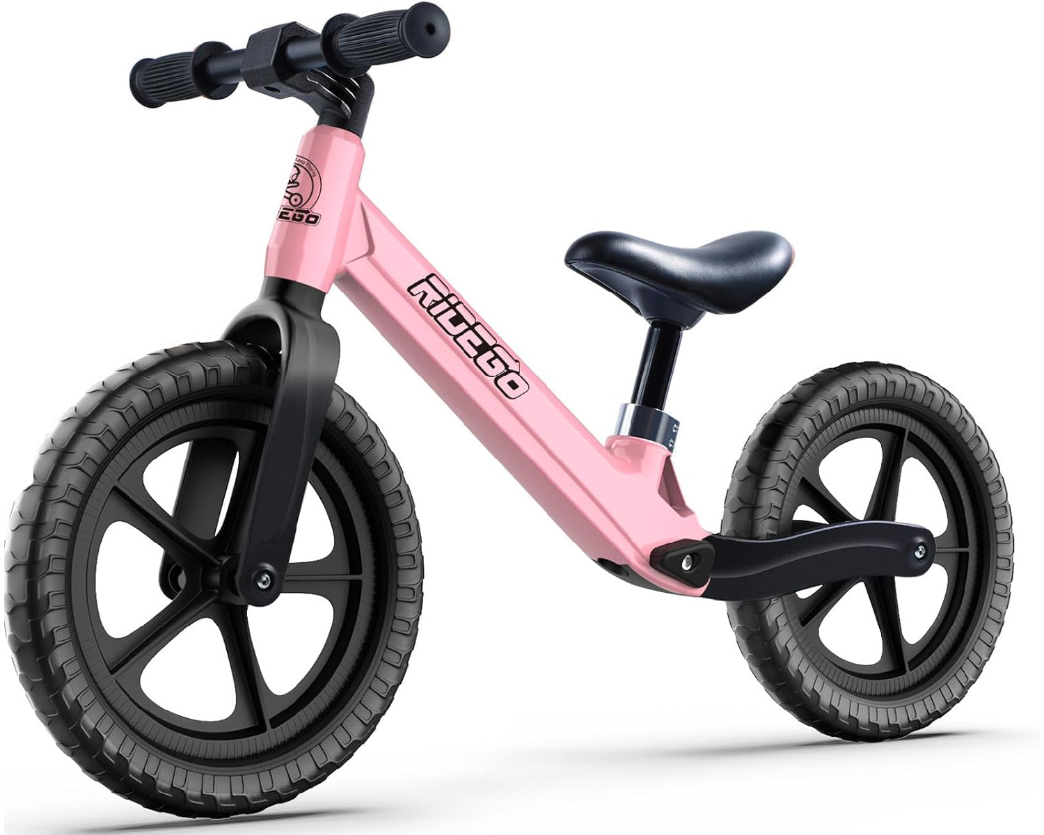 Ridego 12 inch pink balance bike for kids ages 2-4 with puncture-proof EVA tires and adjustable seat