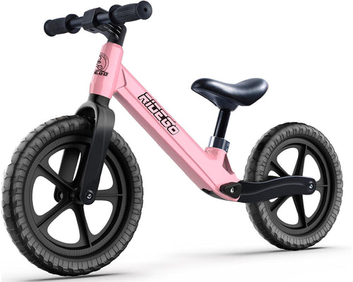 Ridego 12 inch pink balance bike for kids ages 2-4 with puncture-proof EVA tires and adjustable seat