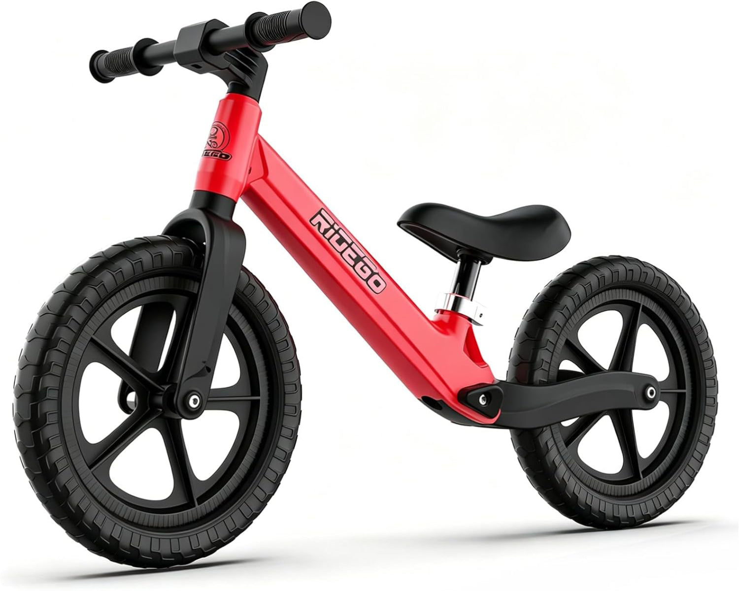 Ridego 12 inch red balance bike for kids ages 2-4 with puncture-proof EVA tires and adjustable seat