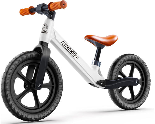 Ridego 12 inch white balance bike for kids ages 2-4 with puncture-proof EVA tires and adjustable seat