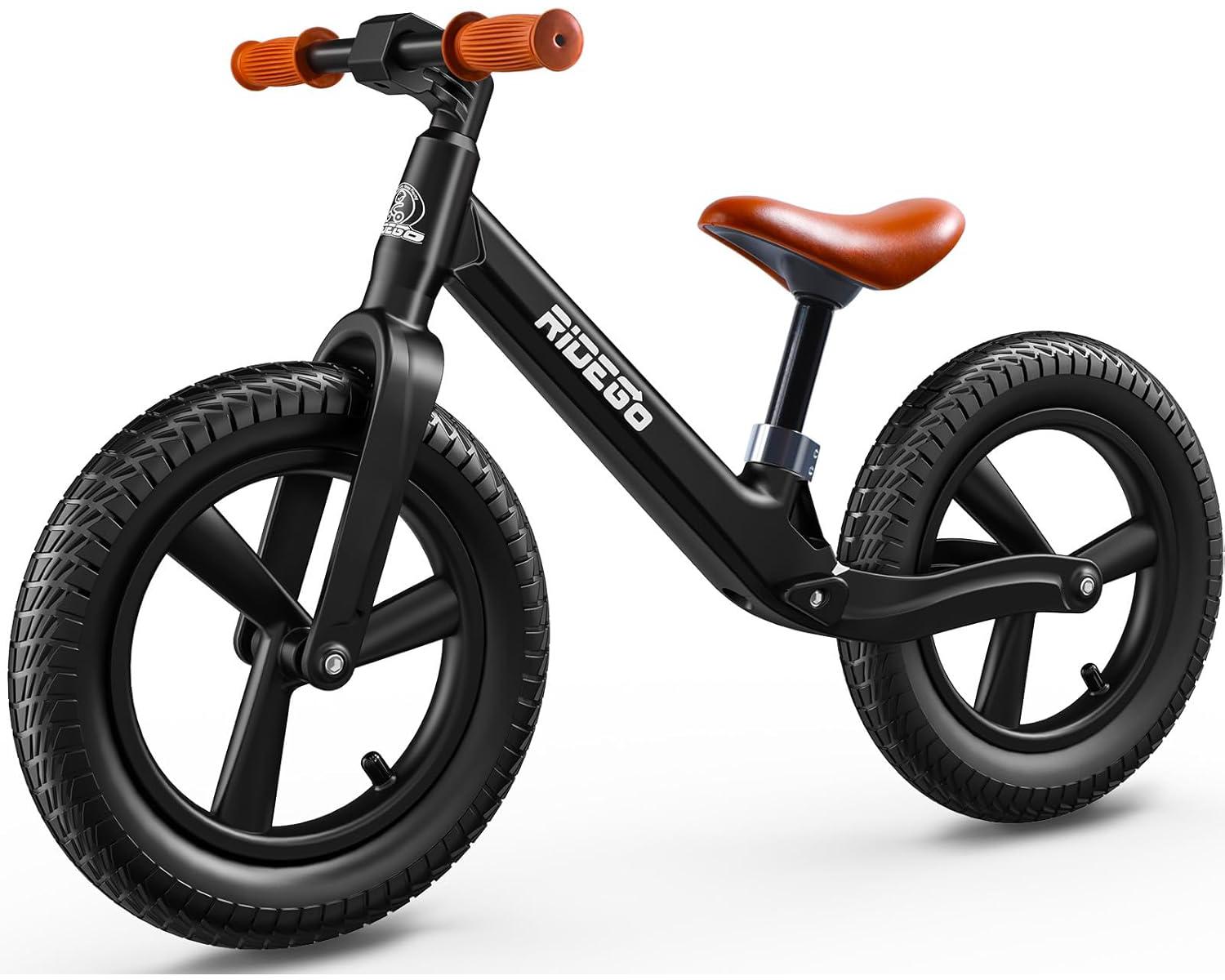 Ridego 14 inch black balance bike for kids ages 3-6 with inflatable rubber tires and adjustable seat