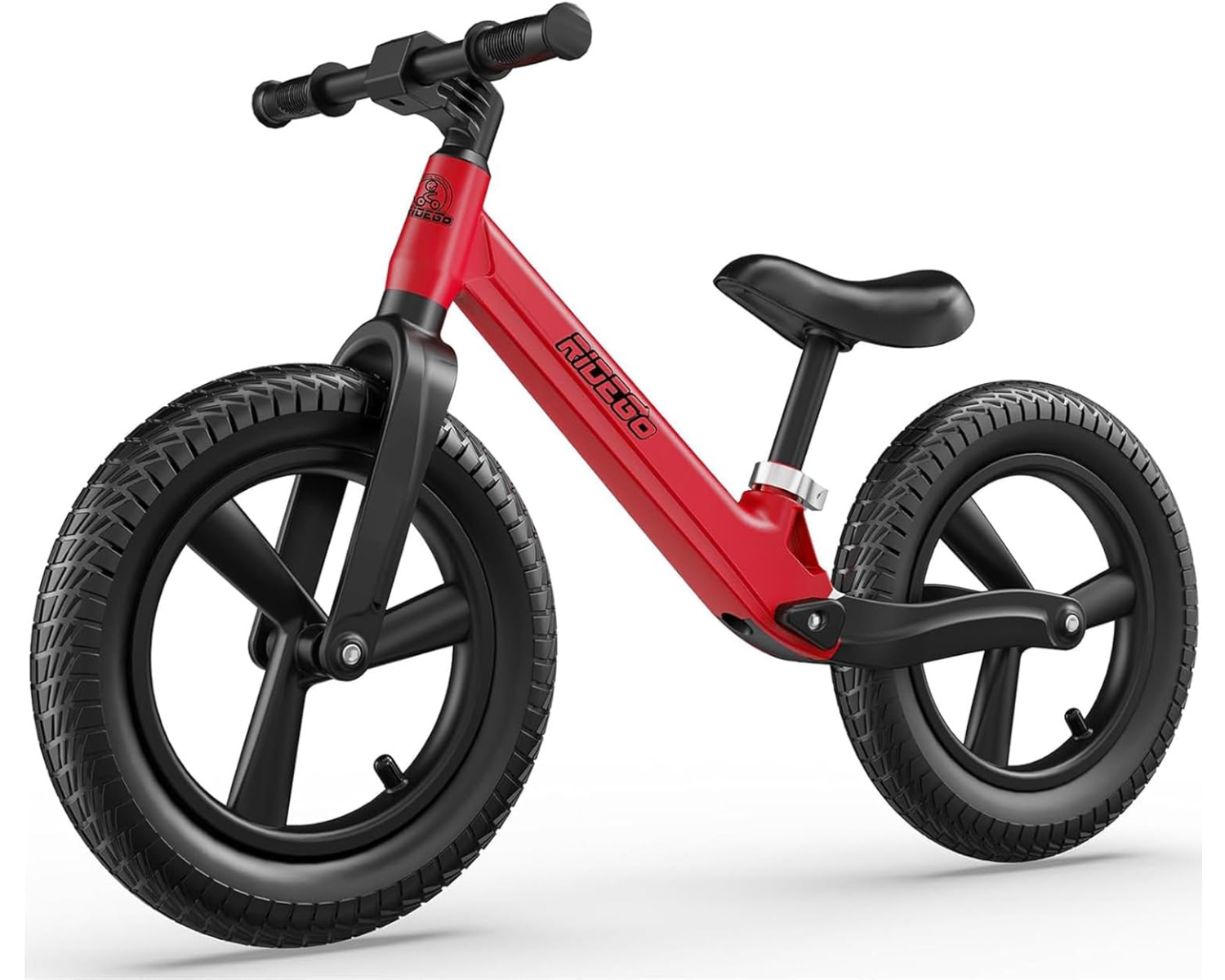 Ridego 14 inch red balance bike for kids ages 3-6 with inflatable rubber tires and adjustable seat