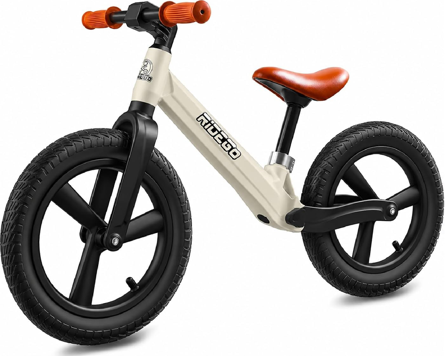 Ridego 14 inch white balance bike for kids ages 3-6 with inflatable rubber tires and adjustable seat