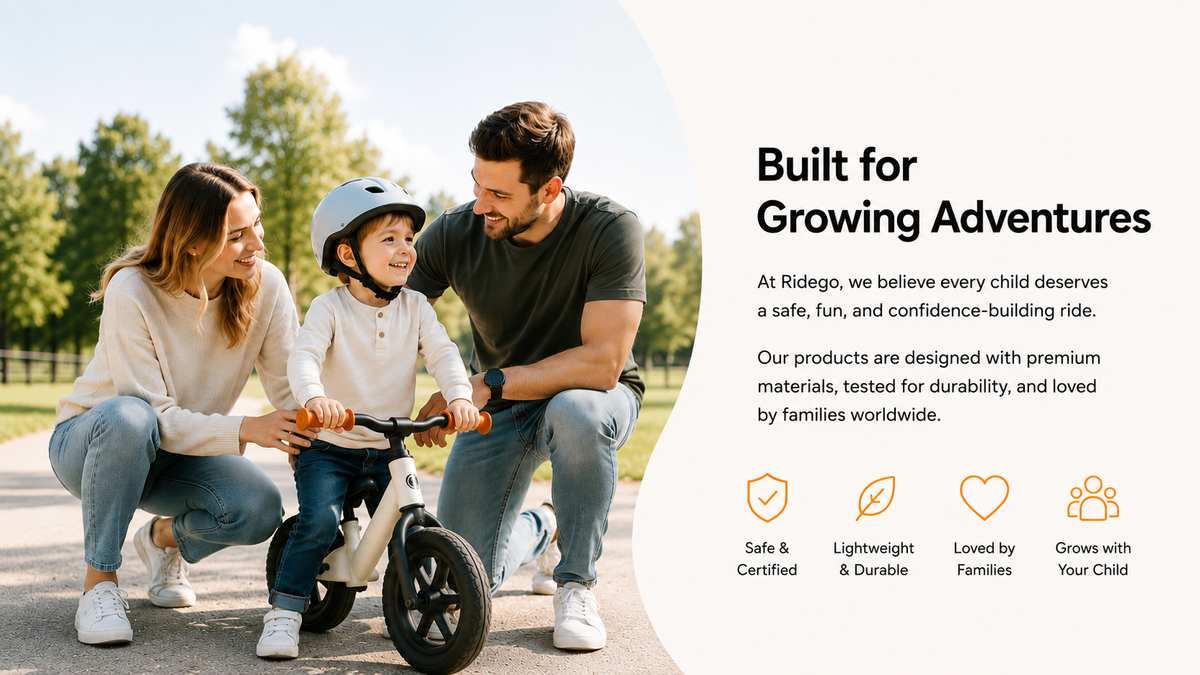 Happy family enjoying outdoor adventures with a Ridego balance bike in a sunny park.