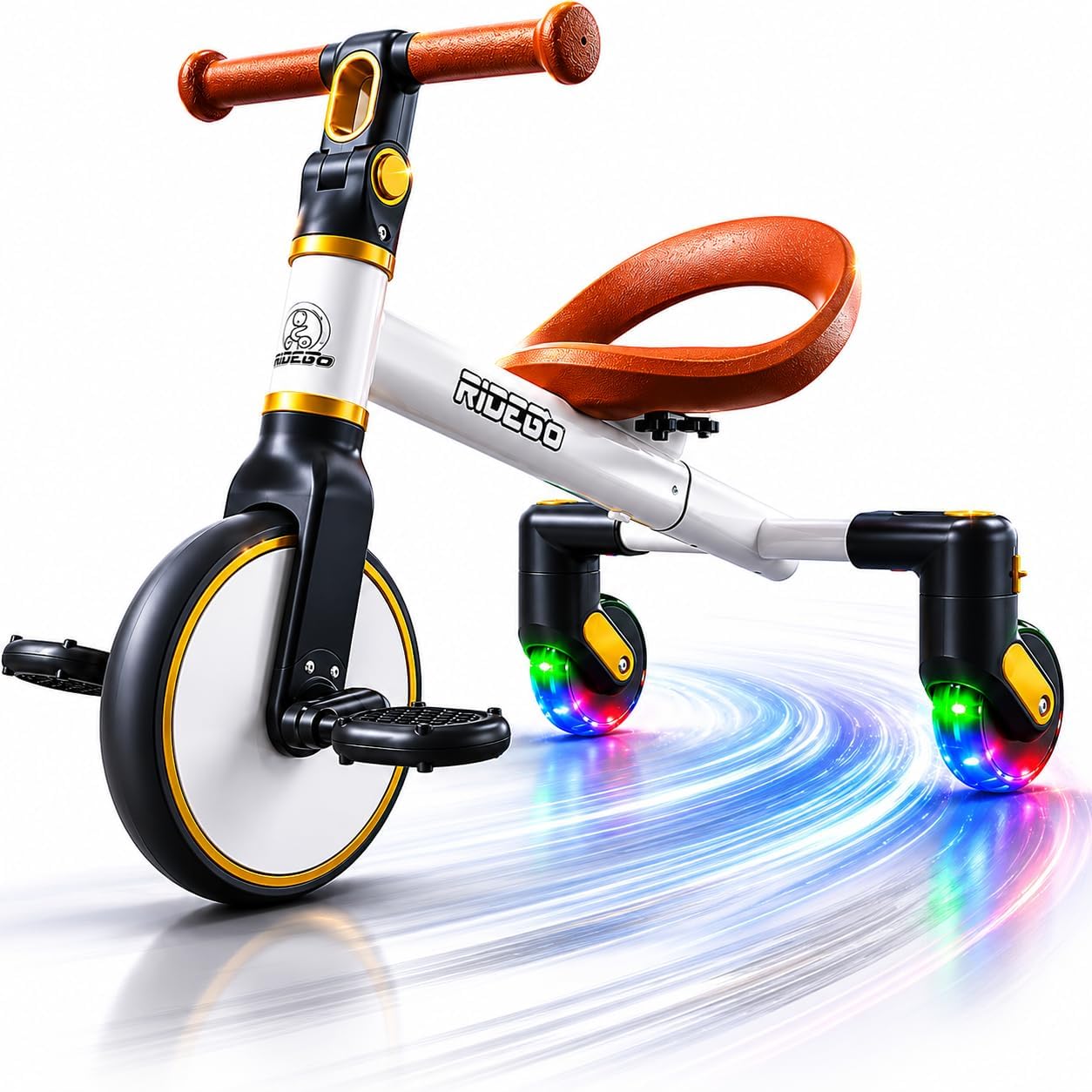Ridego white 3-in-1 toddler tricycle with 360° drift mode, light-up wheels, and adjustable seat for kids ages 2-5
