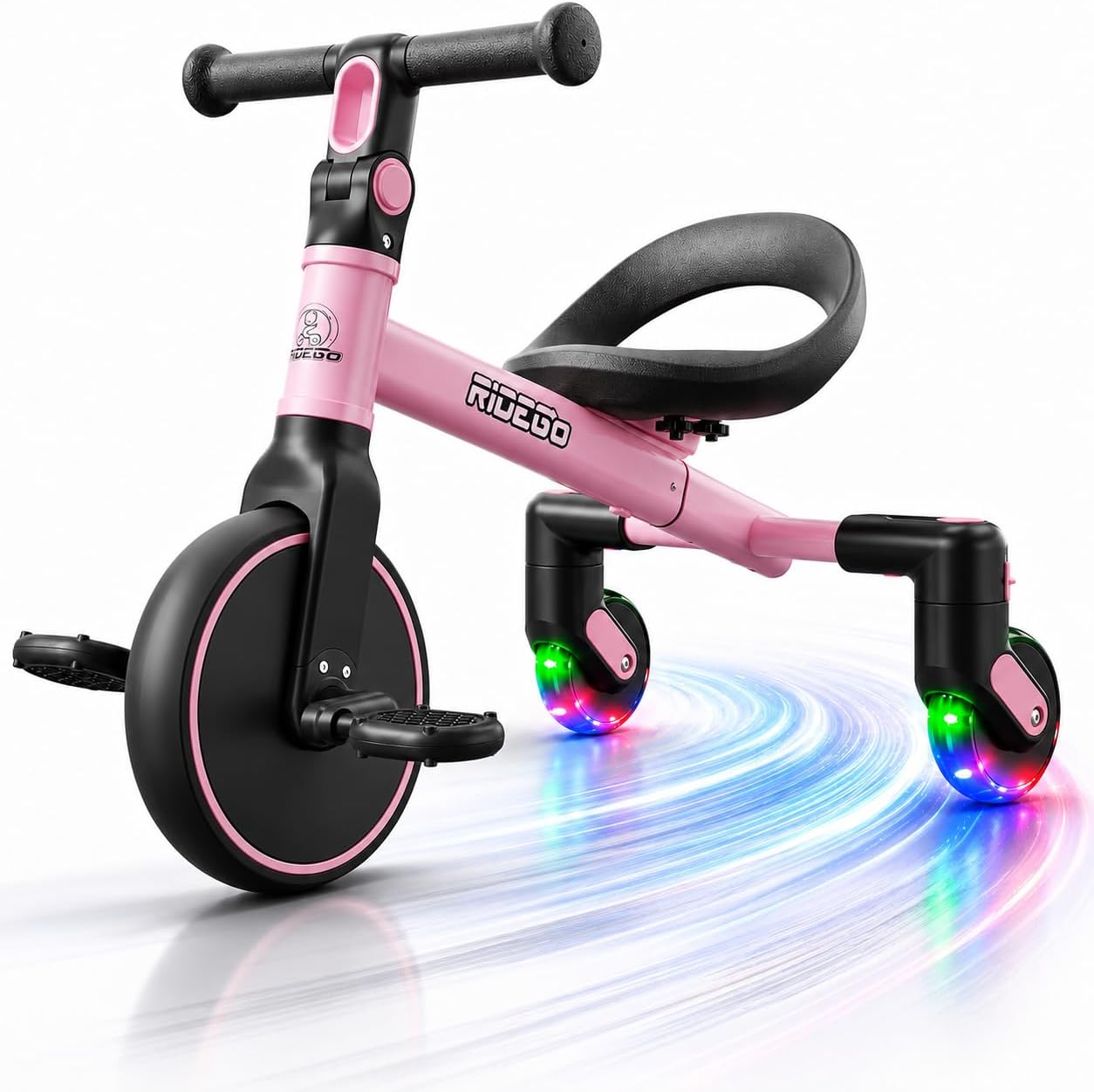 Ridego pink 3-in-1 toddler tricycle with 360° drift mode, light-up wheels, and adjustable seat for kids ages 2-5