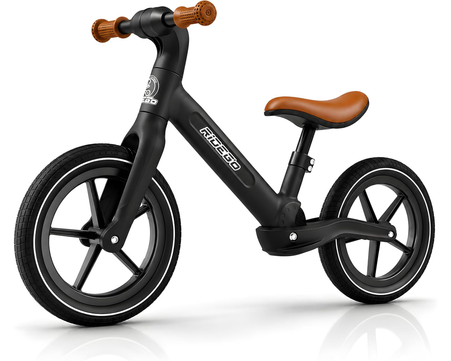 Ridego 14 inch black balance bike for kids ages 3-6 with inflatable rubber tires and adjustable seat