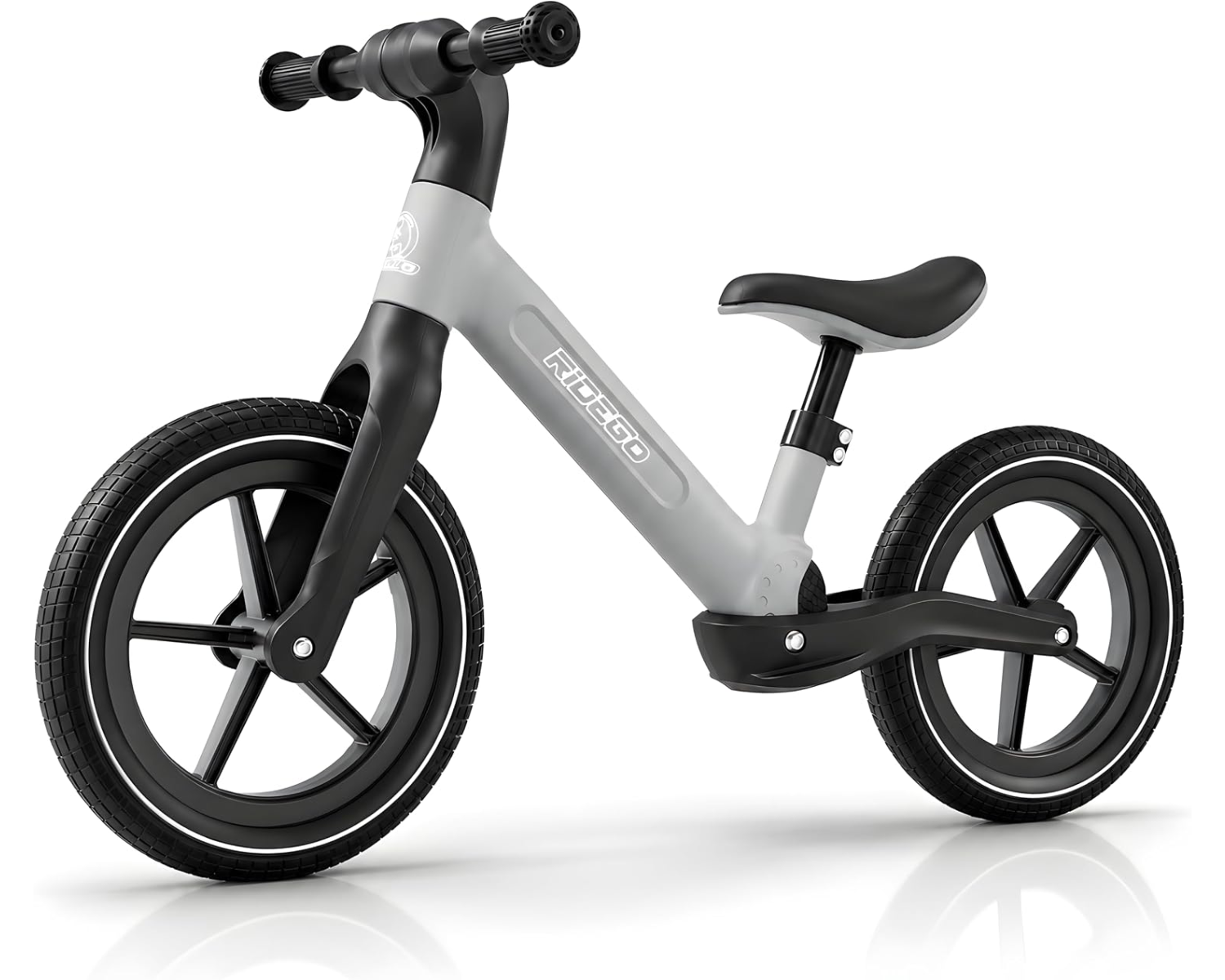 Ridego 14 inch black balance bike for kids ages 3-6 with inflatable rubber tires and adjustable seat