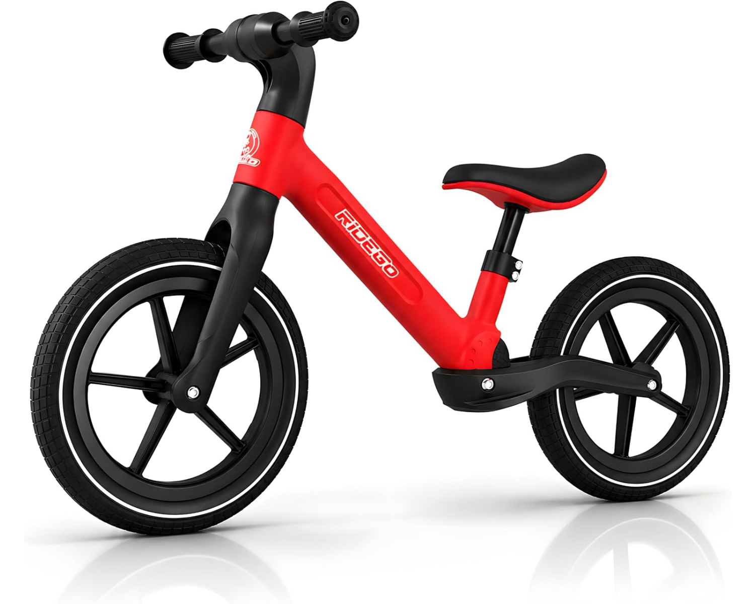 Ridego 14 inch red balance bike for kids ages 3-6 with inflatable rubber tires and adjustable seat