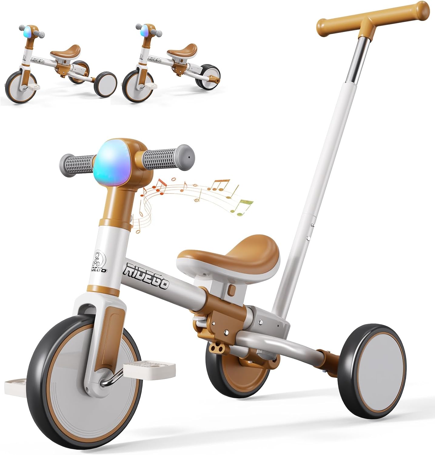 Ridego brown 5-in-1 toddler tricycle with parent push handle, adjustable seat, and balance bike mode for kids ages 1-3