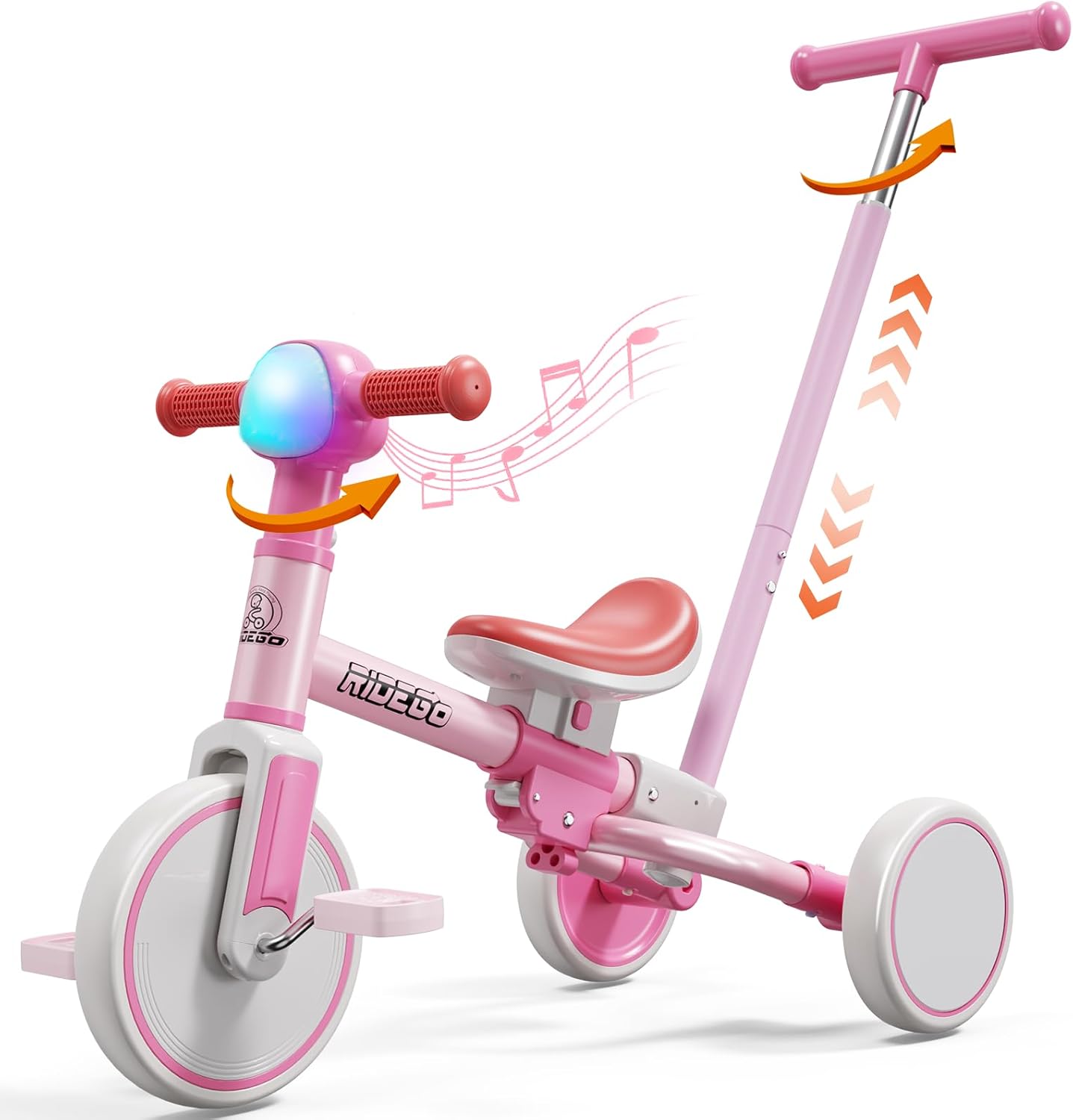 Ridego gray 5-in-1 toddler tricycle with parent push handle, adjustable seat, and balance bike mode for kids ages 1-3