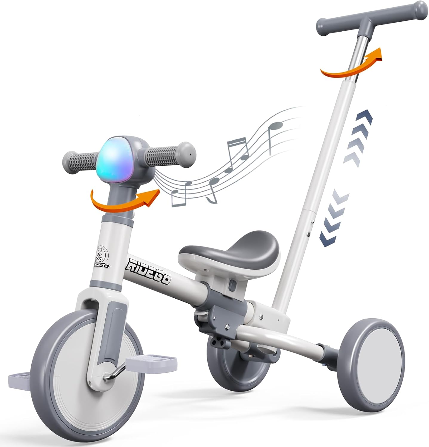 Ridego brown 5-in-1 toddler tricycle with parent push handle, adjustable seat, and balance bike mode for kids ages 1-3
